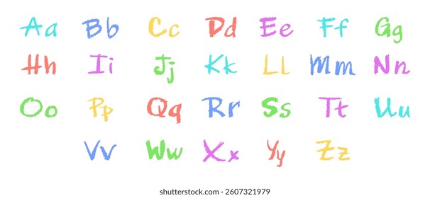 Colorful English alphabet hand-drawn in a crayon. Capital and lowercase letters in chalk, pastel, or wax style. Highlighter effect on board for kindergarten drawing and learning. Vector illustration.