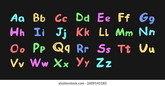 Colorful English alphabet hand-drawn in a crayon. Capital and lowercase letters in chalk, pastel, or wax style. Highlighter effect on board for kindergarten drawing and learning. Vector illustration.