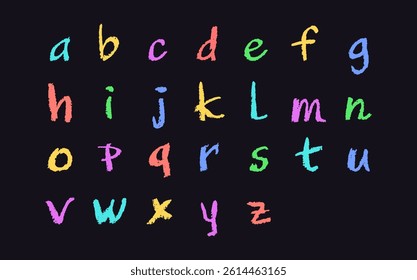 Colorful English alphabet hand-drawn in a crayon. Lowercase color letters in chalk, pastel, or wax style. Highlighter effect on black board for kindergarten drawing and learning. Vector illustration.