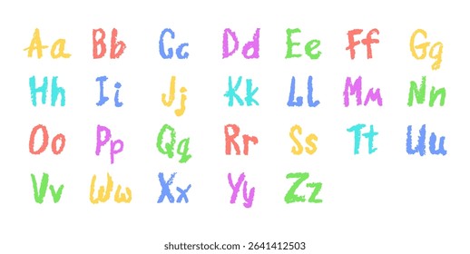 Colorful English alphabet hand-drawn in a crayon. Capital and lowercase letters in chalk, pastel, or wax style. Highlighter effect on board for kindergarten drawing and learning. Vector illustration.