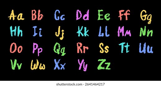 Colorful English alphabet hand-drawn in a crayon. Capital and lowercase letters in chalk, pastel, or wax style. Highlighter effect on board for kindergarten drawing and learning. Vector illustration.