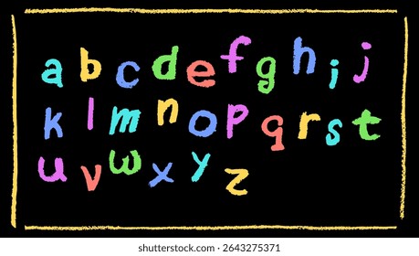 Colorful English alphabet hand-drawn in a crayon. Lowercase color letters in chalk, pastel, or wax style. Highlighter effect on blackboard for kindergarten drawing and learning. Vector illustration.