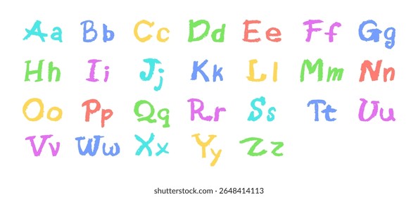 Colorful English alphabet hand-drawn in a crayon. Capital and lowercase letters in chalk, pastel, or wax style. Highlighter effect on board for kindergarten drawing and learning. Vector illustration.