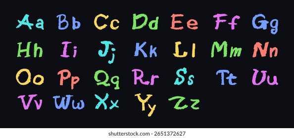Colorful English alphabet hand-drawn in a crayon. Capital and lowercase letters in chalk, pastel, or wax style. Highlighter effect on board for kindergarten drawing and learning. Vector illustration.