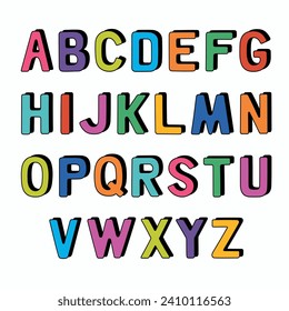 Colorful English alphabet, uppercase letters. Creative childish typeface. Hand drawn vector illustration isolated on white background. Trendy flat cartoon style.