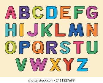 Colorful English alphabet, uppercase letters. Creative childish typeface. Hand drawn vector illustration isolated on light background. Modern flat cartoon style.