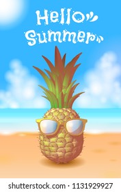 Colorful engraving drawing pineapple with sunglasses illustration on the summer beach background