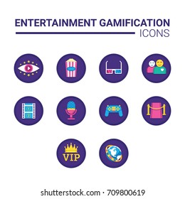 A Colorful Entertainment Gamification Icons, Including 3D Movie,  Play Games, Red Carpet, Sing A Song, VIP, Etc