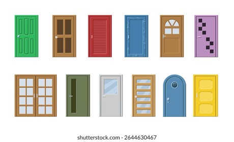 Colorful entrance doorway doors. Ornate wooden classic door set, interior decor isolated vector illustration