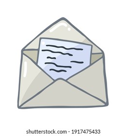 Farbiger Umschlag und Buchstabe. Post und Post. Vorlage für Grußkarte, Banner, Poster, Druck, Webseitendesign. Handgezeichnete Vektorgrafik.