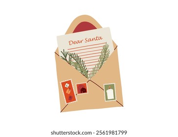 Colorful envelopes with Christmas letters drawn in flat style. Gift letters, Holiday greetings, Seasonal correspondence. Hand drawn vector illustration.