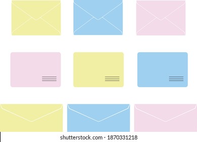 Sobres coloridos de diferentes tamaños sobre fondo blanco. Los sobres postales amarillos azules y rosados envuelven los lados delantero y trasero. Cubrir las letras.