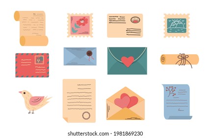 Colorful envelopes with letters, postmarks and mails isolated vector flat illustration.