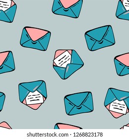 Colorful envelopes seamless pattern. It can be printed on cards, packaging, fabrics, invitations, wallpapers or used for presentations or as a background.
