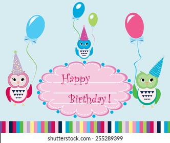 Colorful Eps 10 vector illustration of 3 happy cute funny, owls with hats holding balloons wishing happy birthday on blue green background. Stylish holiday background, greeting card, postcard design. 