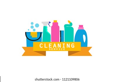 Colorful eps banner with various detergent bottles and message. Cleaning service concept isolated on white background