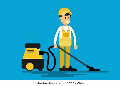 Colorful eps design of cheerful stuff of cleaning service using vacuum cleaner on blue background. Eps illustration. Cleaning washing seasonal cleansing services company concept.