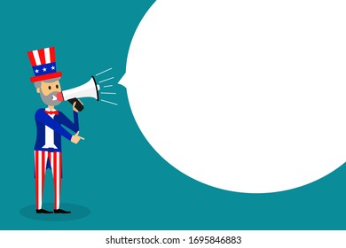 Colorful eps design of little Uncle Sam using megaphone and doing announcement in speech bubble on blue