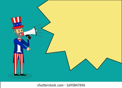 Colorful eps design of little Uncle Sam making announcement with megaphone in big speech bubble on blue