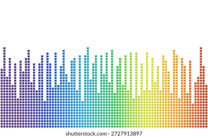 Colorful equalizer data bars forming pixel columns in rainbow gradient, isolated on white background with clipping path, suitable for audio, analytics, and data concepts.