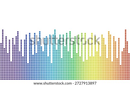 Colorful equalizer data bars forming pixel columns in rainbow gradient, isolated on white background with clipping path, suitable for audio, analytics, and data concepts.