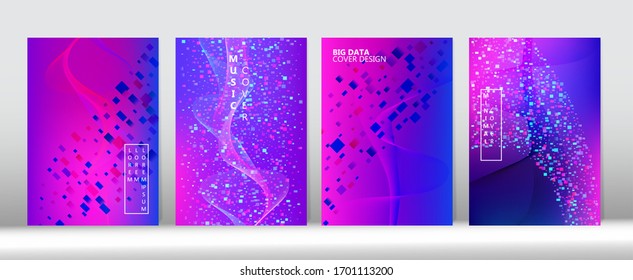 Colorful Equalizer Music Wallpaper 3D Liquid Shapes Music Cover Design. Trendy Covers Set. Futuristic Gradient Overlay. Big Data Neon Tech Magazine. Purple Blue Pink Digital Vector Cover Layout.