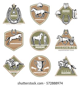 Colorful equestrian sport labels set with jockeys riding horses and equipment in vintage style isolated vector illustration