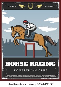 Colorful equestrian sport poster with jockey riding stallion on horse racing in vintage style vector illustration