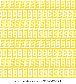 Colorful E-shaped interlaced pattern on yellow background. White interlocking pattern on yellow backdrop.