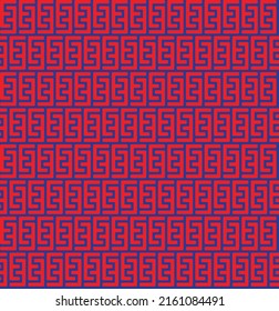 Colorful E-shaped interlaced pattern on blue background. Red interlocking pattern on blue backdrop.