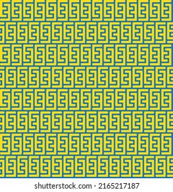 Patrón entrelazado colorido en forma de E sobre fondo azul. Patrón de interbloqueo amarillo sobre fondo azul.