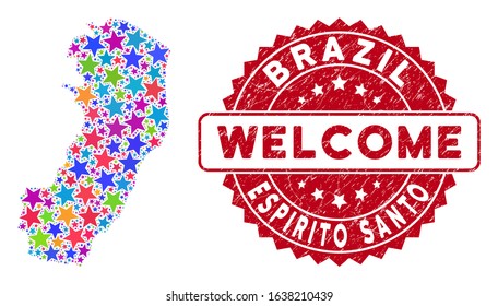 Colorful Espirito Santo State map collage of stars, and textured rounded red WELCOME stamp seal. Abstract territory scheme in colorful shades.