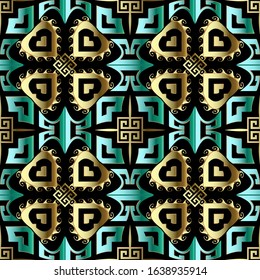 Colorful ethnic 3d vector seamless pattern. Repeat greek style background. Greek key meanders tribal floral ornaments.  Geometric ornate modern design. Abstract flowers, wave lines, squares, shapes.