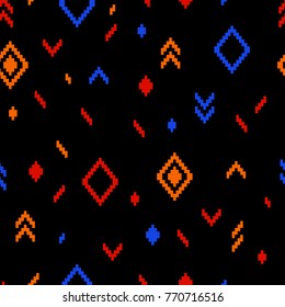 Colorful ethnic abstract geometric pattern on black, vector