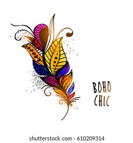 Colorful ethnic decorative Feather with floral design. Creative hand drawn Boho style element. 