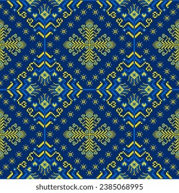 Colorful ethnic floral embroidery pattern. Vector colorful ethnic geometric square floral seamless pattern pixel art style. Ethnic floral stitch pattern use for textile, home decoration elements, etc.