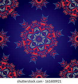 colorful ethnic floral pattern texture. vector illustration with round hand drawn flowers and snowflakes isolated on blue gradient background.