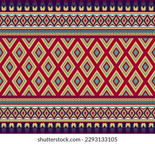 Colorful ethnic folk geometric seamless pattern in red, yellow and green in vector illustration design for fabric, mat, carpet, scarf, wrapping paper, tile and more