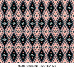 Colorful ethnic folk geometric seamless pattern in green, pink and orange in vector illustration design for fabric, mat, carpet, scarf, wrapping paper, tile and more