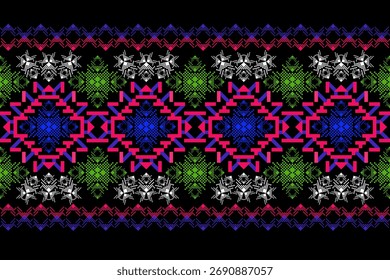Padrão geométrico étnico colorido com motivos em estilo pixel azul, rosa, verde e branco em um plano de fundo preto. Inspirado por têxteis tribais tradicionais e projeto de fusão de arte digital.