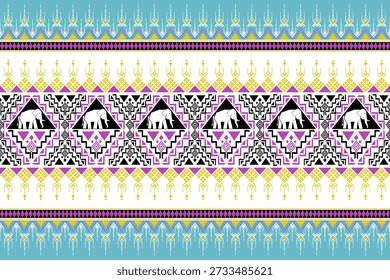 Patrón geométrico étnico colorido con elefantes blancos decorativos y adornos tribales. Diseño Horizontal sin costuras ideal para la tela, impresiones textiles, Fondo de pantalla, bordes e ilustraciones de fondo.
