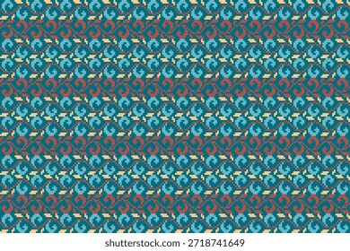 Padrão geométrico étnico colorido inspirado na arte têxtil tradicional asiática, listras ornamentais em tons verdes e quentes, design vetorial sem costura para uso de tecido, papel de parede e fundo.