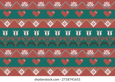 Patrón geométrico étnico colorido inspirado en el arte textil tradicional asiático, rayas ornamentales estilo píxel en tonos verdes y cálidos, diseño de Vector sin costuras para tela, Fondo de pantalla y uso de fondo.