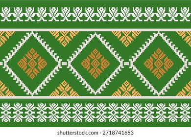Patrón geométrico étnico colorido inspirado en el arte textil tradicional asiático, rayas ornamentales estilo píxel en tonos verdes y cálidos, diseño de Vector sin costuras para tela, Fondo de pantalla y uso de fondo.