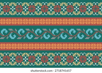 Colorful ethnic geometric pattern inspired by traditional Asian textile art, pixel-style ornamental stripes in green and warm tones, seamless vector design for fabric, wallpaper, and background use.
