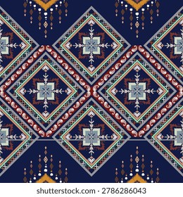 Colorful ethnic geometric pattern with layered diamond ornaments, decorative tribal symmetry, and intricate woven textile details.