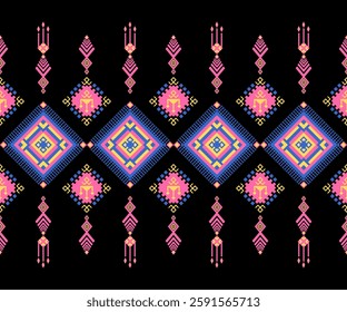 Colorful Ethnic Geometric Seamless Pattern, Abstract, Tribal, Primitive, Navajo, Boho, Traditional, Bright, Pink, Blue, Yellow, Shapes, Diamonds, Design for textile, print, fabric, cloth, background