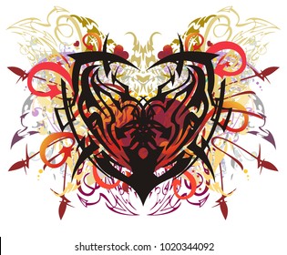 Colorful ethnic heart in grunge style. Tribal symbol - heart with the elements of arrows and linear butterfly wings, twirled floral elements on a white background