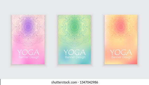 Colorful ethnic mandala ornament. Template of poster, flyer. Yoga banner collection. Vector illustration.