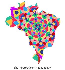 The colorful ethnic map the mosaic of the continent and the mainland of Brazil. Mandala. Abstract postcard and pattern. Vector illustration on white background.